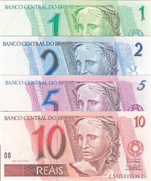 Brazil - 1, 2, 5, 10 Brazilian Reais - P-243A,249,244A,245A - dated 1997-2001 Foreign Paper Money